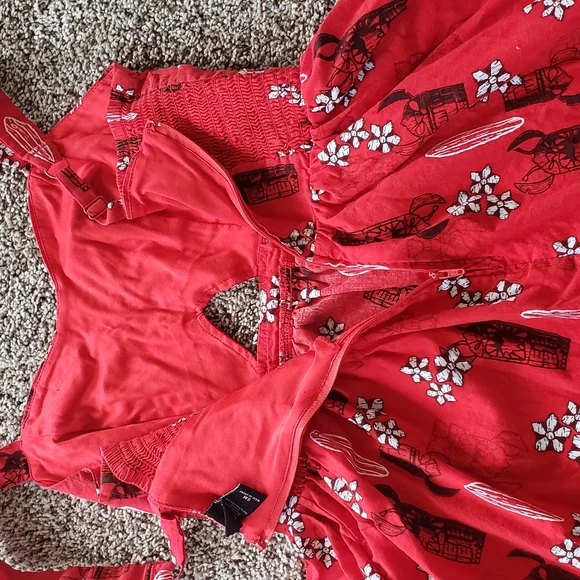 Disney Lilo And Stitch Red Mini Dress Tropical Hawaiian Keyhole Peakaboo Bodice - Picture 7 of 8